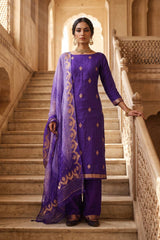 Purple Banarasi Silk Unstitched Suit Set with Shibori Organza Dupatta