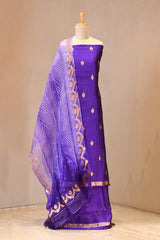 Purple Banarasi Silk Unstitched Suit Set with Shibori Organza Dupatta