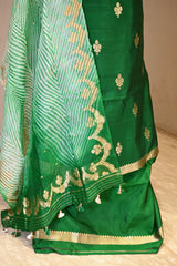 Green Banarasi Silk Unstitched Suit Set with Organza Shibori Dupatta