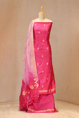 Pink Banarasi Silk Unstitched Suit Set with Organza Shibori Dupatta