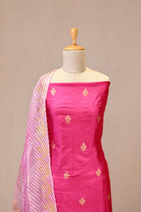 Pink Banarasi Silk Unstitched Suit Set with Organza Shibori Dupatta