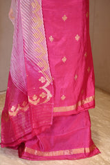 Pink Banarasi Silk Unstitched Suit Set with Organza Shibori Dupatta