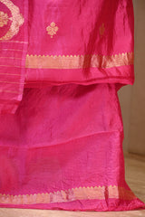 Pink Banarasi Silk Unstitched Suit Set with Organza Shibori Dupatta