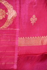 Pink Banarasi Silk Unstitched Suit Set with Organza Shibori Dupatta