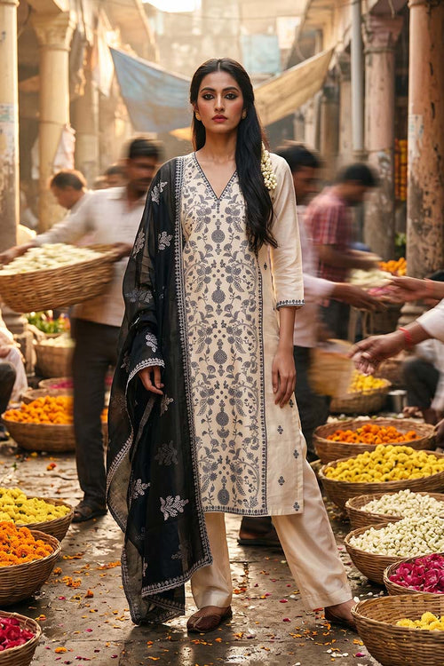 Anushka Inspired White Kora Organza Unstitched Suit with Black Dupatta