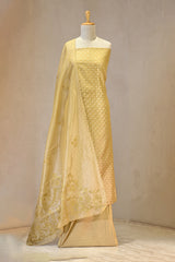 Gold Tissue Silk Three Piece Suit Set with Floral Zari Buti