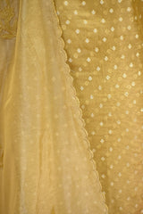 Gold Tissue Silk Three Piece Suit Set with Floral Zari Buti