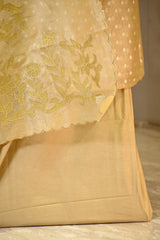 Gold Tissue Silk Three Piece Suit Set with Floral Zari Buti
