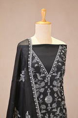 Black Mulmul Cotton Three Piece Suit Set with Resham Embroidery