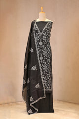 Black Mulmul Cotton Three Piece Suit Set with Resham Embroidery