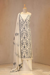 White Mulmul Cotton Three Piece Suit Set with Resham Embroidery