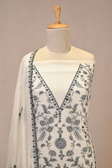 White Mulmul Cotton Three Piece Suit Set with Resham Embroidery