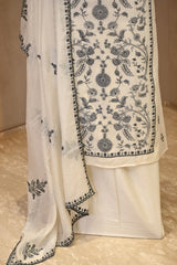 White Mulmul Cotton Three Piece Suit Set with Resham Embroidery