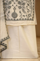 White Mulmul Cotton Three Piece Suit Set with Resham Embroidery
