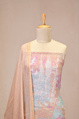 Peach Mulmul Cotton Three Piece Suit Set with Abstract Prints