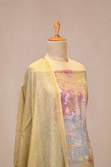 Green Mulmul Cotton Unstitched  Suit Set with Abstract Prints
