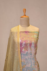Green Mulmul Cotton Unstitched  Suit Set with Abstract Prints