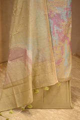 Green Mulmul Cotton Unstitched  Suit Set with Abstract Prints