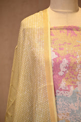 Green Mulmul Cotton Unstitched  Suit Set with Abstract Prints