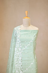 Sage Green Semi Tussar Silk Unstitched Suit Set with Resham Emberoidery