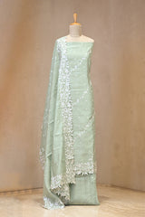 Sage Green Semi Tussar Silk Unstitched Suit Set with Resham Emberoidery