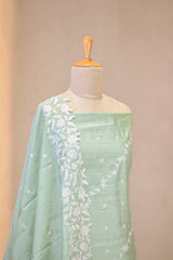 Sage Green Semi Tussar Silk Unstitched Suit Set with Resham Emberoidery