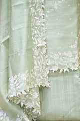 Sage Green Semi Tussar Silk Unstitched Suit Set with Resham Emberoidery