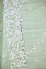 Sage Green Semi Tussar Silk Unstitched Suit Set with Resham Emberoidery