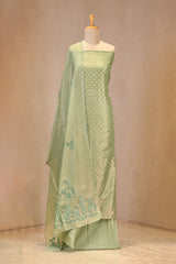 Green Tissue Silk Unstitched Suit Set with Applique Work
