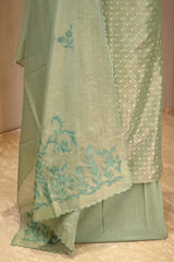 Green Tissue Silk Unstitched Suit Set with Applique Work