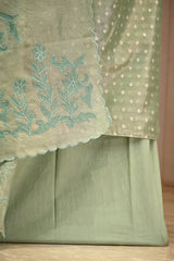 Green Tissue Silk Unstitched Suit Set with Applique Work