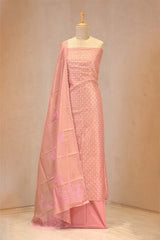 Pink Semi Tissue Silk Unstitched Suit Set with Gold Zari Floral Butis