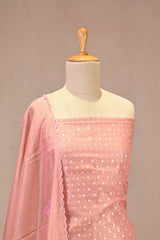 Pink Semi Tissue Silk Unstitched Suit Set with Gold Zari Floral Butis