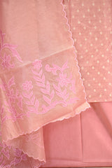 Pink Semi Tissue Silk Unstitched Suit Set with Gold Zari Floral Butis