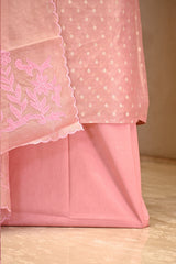 Pink Semi Tissue Silk Unstitched Suit Set with Gold Zari Floral Butis