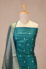 Rama Green Semi Tussar Silk Three Piece Suit Set with Zari Buti