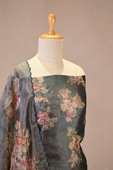 Dark Green Semi Tissue Silk Three Piece Suit Set with Floral