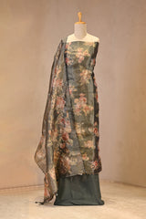 Dark Green Semi Tissue Silk Three Piece Suit Set with Floral