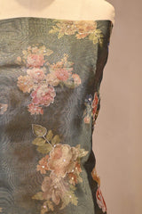 Dark Green Semi Tissue Silk Three Piece Suit Set with Floral