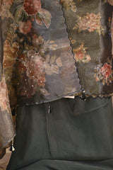 Dark Green Semi Tissue Silk Three Piece Suit Set with Floral