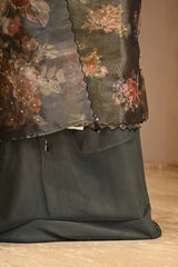 Dark Green Semi Tissue Silk Three Piece Suit Set with Floral