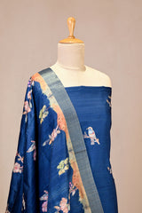 Blue Semi Tussar Silk Three Piece Suit Set with Pakshi Motifs