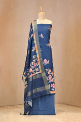 Blue Semi Tussar Silk Three Piece Suit Set with Pakshi Motifs