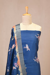 Blue Semi Tussar Silk Three Piece Suit Set with Pakshi Motifs