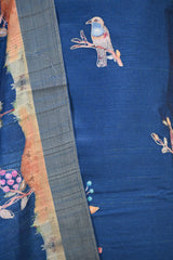 Blue Semi Tussar Silk Three Piece Suit Set with Pakshi Motifs