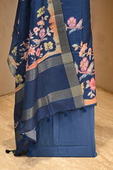 Blue Semi Tussar Silk Three Piece Suit Set with Pakshi Motifs
