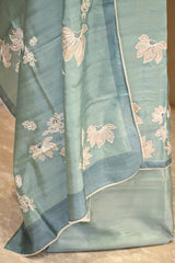 Pastel Green Semi Tussar Silk Three Piece Suit Set with Floral Print