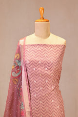 Mauve Semi Kota Silk Three Piece Suit Set with Kalamkari Dupatta