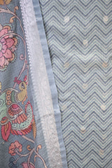 Powder Blue Semi Kota Silk Three Piece Suit Set with Kalamkari