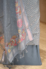 Powder Blue Semi Kota Silk Three Piece Suit Set with Kalamkari